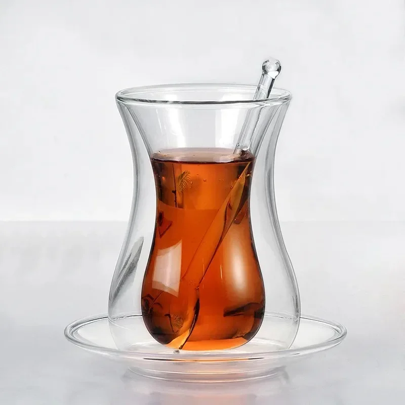 Espresso Shot Glass - ชุดถ้วยชาพร้อมจานรองและช้อนชาสีดำสวยงาม แก้วสองชั้นแบบตุรกี โบเฮีย เก็บความร้อน แก้วกาแฟเอสเพรสโซ่ แก้วกาแฟ